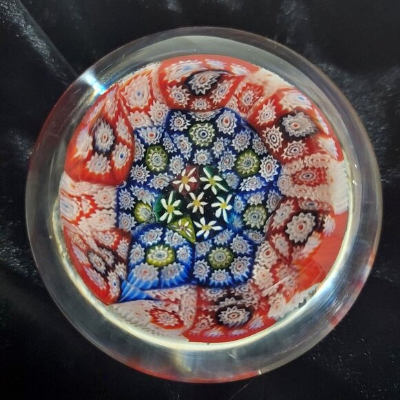 MURANO ART GLASS TINY MILLEFIORE RED WHITE BLUE DAISY FLORAL PAPERWEIGHT Vintage - Picture 3 of 8